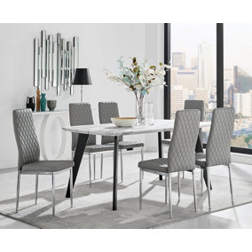 Furniturebox Andria Black Leg Marble Effect Dining Table and  6 Grey Milan Chairs