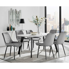 Furniturebox Andria Black Leg Marble Effect Dining Table and  6 Grey Pesaro Black Leg Chairs
