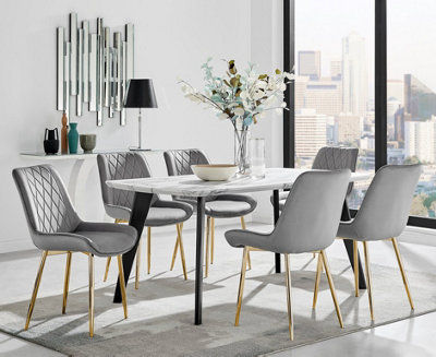 Furniturebox Andria Black Leg Marble Effect Dining Table and  6 Grey Pesaro Gold Leg Chairs