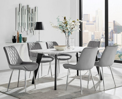 Furniturebox Andria Black Leg Marble Effect Dining Table and 6