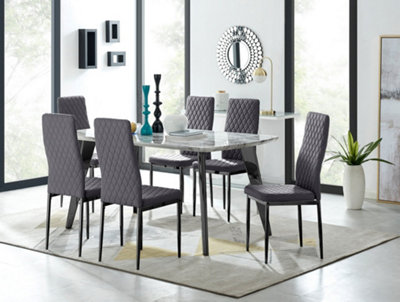 Furniturebox Andria Black Leg Marble Effect Dining Table and  6 Grey Velvet Milan Black Leg Chairs