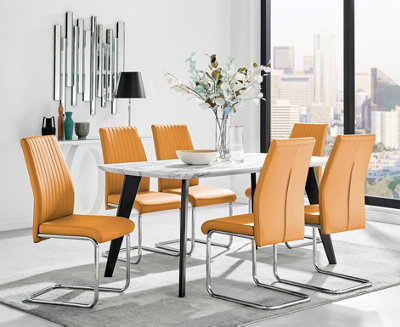 Furniturebox Andria Black Leg Marble Effect Dining Table and  6 Mustard Lorenzo Chairs