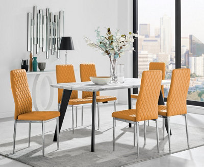 Furniturebox Andria Black Leg Marble Effect Dining Table and  6 Mustard Milan Chairs