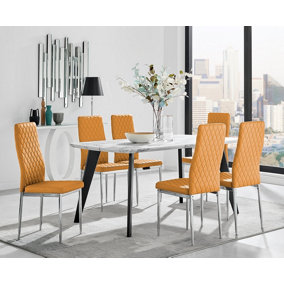 Furniturebox Andria Black Leg Marble Effect Dining Table and  6 Mustard Milan Chairs