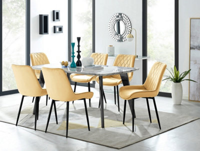 Furniturebox Andria Black Leg Marble Effect Dining Table and 6 Mustard Pesaro Black Leg Chairs