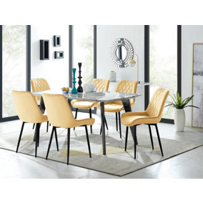Furniturebox Andria Black Leg Marble Effect Dining Table and 6 Mustard Pesaro Black Leg Chairs