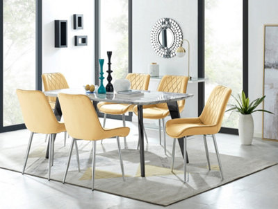 Furniturebox Andria Black Leg Marble Effect Dining Table and 6 Mustard Pesaro Silver Leg Chairs