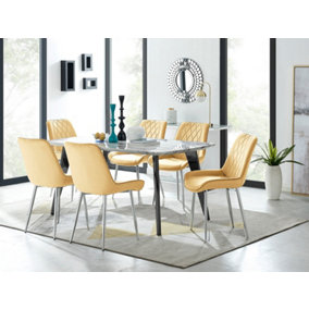 Furniturebox Andria Black Leg Marble Effect Dining Table and 6 Mustard Pesaro Silver Leg Chairs