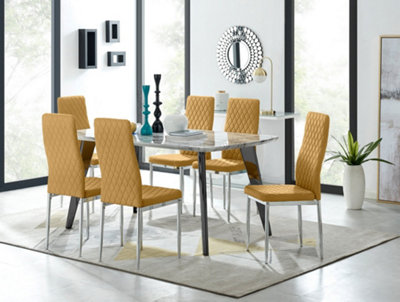 Furniturebox Andria Black Leg Marble Effect Dining Table and  6 Mustard Velvet Milan Chairs
