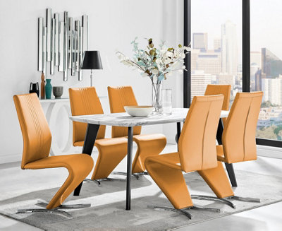 Furniturebox Andria Black Leg Marble Effect Dining Table and  6 Mustard Willow Chairs