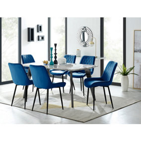 Furniturebox Andria Black Leg Marble Effect Dining Table and 6 Navy Pesaro Black Leg Chairs