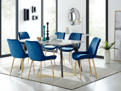 Furniturebox Andria Black Leg Marble Effect Dining Table and 6 Navy Pesaro Gold Leg Chairs