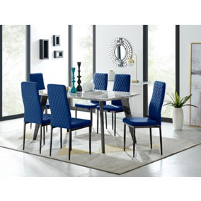 Furniturebox Andria Black Leg Marble Effect Dining Table and  6 Navy Velvet Milan Black Leg Chairs