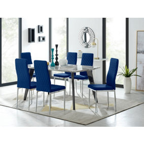 Furniturebox Andria Black Leg Marble Effect Dining Table and  6 Navy Velvet Milan Chairs