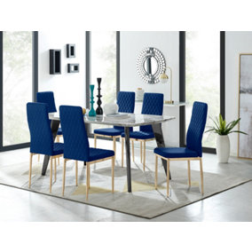 Furniturebox Andria Black Leg Marble Effect Dining Table and  6 Navy Velvet Milan Gold Leg Chairs