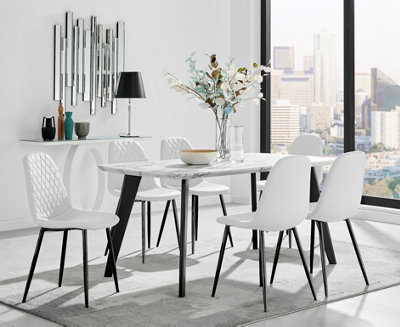 Furniturebox Andria Black Leg Marble Effect Dining Table and  6 White Corona Black Leg Chairs