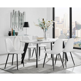Furniturebox Andria Black Leg Marble Effect Dining Table and  6 White Corona Black Leg Chairs