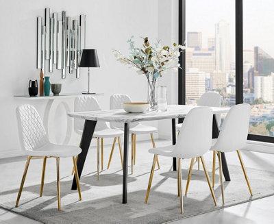 Furniturebox Andria Black Leg Marble Effect Dining Table and  6 White Corona Gold Leg Chairs