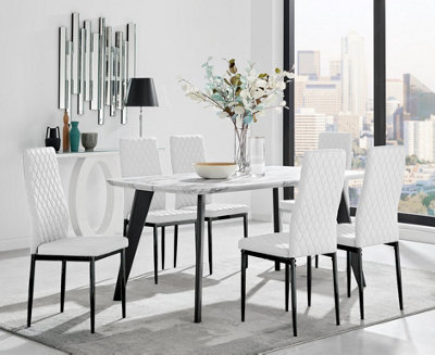 Furniturebox Andria Black Leg Marble Effect Dining Table and  6 White Milan Black Leg Chairs