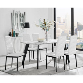 Furniturebox Andria Black Leg Marble Effect Dining Table and  6 White Milan Black Leg Chairs