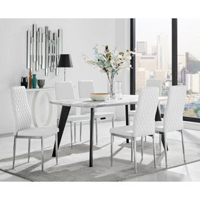 Furniturebox Andria Black Leg Marble Effect Dining Table and  6 White Milan Chairs