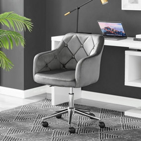 Furniturebox Bibi Dark Grey Pinned Soft Velvet Vanity Tub Computer Desk Office Gaming Wheeled Height Adjustable Swivel Chair