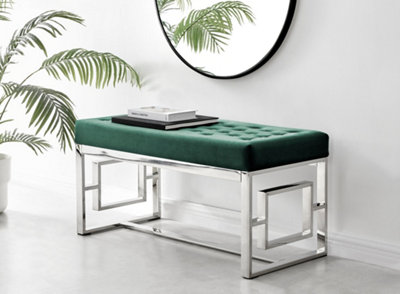 Furniturebox Cambridge Modern Green Buttoned Velvet And Elegant Silver Chrome Metal Bench