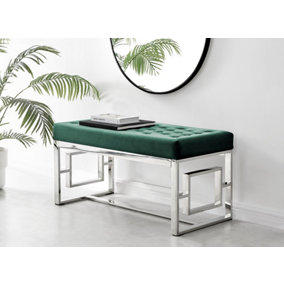 Furniturebox Cambridge Modern Green Buttoned Velvet And Elegant Silver Chrome Metal Bench