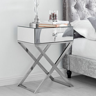 Furniturebox Celeste Single Drawer Mirrored bedside Table With Silver Chrome Cross Legs