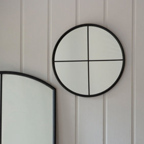 Furniturebox Elizabeth Small 60cm Black Industrial Window Iron Metal Cross Frame Round Hallway Bedroom Living Room Wall Mirror
