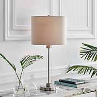 Furniturebox ESME Clear Glass And Chrome Metal Table Lamp Light With Grey Shade Including A Rated Energy Efficient LED Bulb