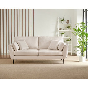 Furniturebox Ida Champagne Cream 3 Seater Velvet Upholstered Sofa With Scatter Cushions And Birch Wood Frame