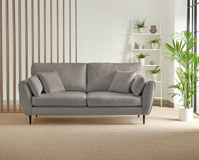 Furniturebox Ida Grey 3 Seater Velvet Upholstered Sofa With Scatter Cushions And Birch Wood Frame