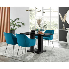 Furniturebox Imperia 4 Modern Black High Gloss Dining Table & 4 Blue Calla Silver Leg Chairs