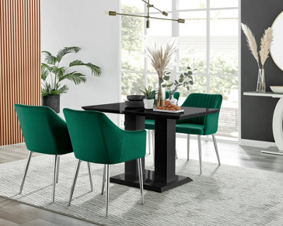 Furniturebox Imperia 4 Modern Black High Gloss Dining Table & 4 Green Calla Silver Leg Chairs