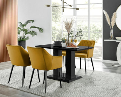 Furniturebox Imperia 4 Modern Black High Gloss Dining Table & 4 Mustard Calla Black Leg Chairs