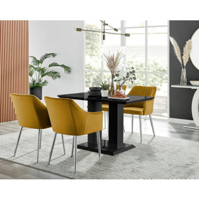 Furniturebox Imperia 4 Modern Black High Gloss Dining Table & 4 Mustard Calla Silver Leg Chairs
