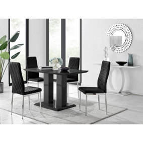 Furniturebox Imperia 4 Modern Black High Gloss Dining Table and 4 Black Velvet Milan Chairs
