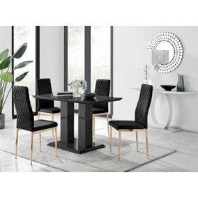 Furniturebox Imperia 4 Modern Black High Gloss Dining Table and 4 Black Velvet Milan Gold Leg Chairs