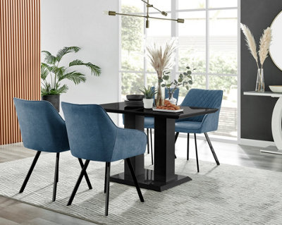 Furniturebox Imperia 4 Modern Black High Gloss Dining Table and 4 Blue Falun Black Leg Chairs