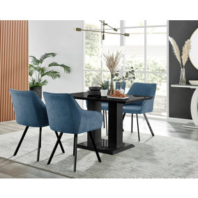 Furniturebox Imperia 4 Modern Black High Gloss Dining Table and 4 Blue Falun Black Leg Chairs