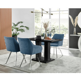 Furniturebox Imperia 4 Modern Black High Gloss Dining Table and 4 Blue Falun Silver Leg Chairs