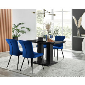 Furniturebox Imperia 4 Modern Black High Gloss Dining Table and 4 Blue Nora Black Leg Chairs