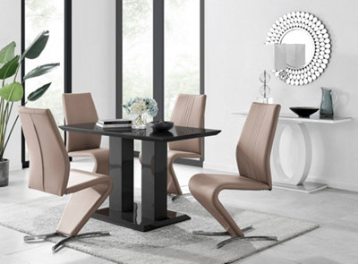 Furniturebox Imperia 4 Modern Black High Gloss Dining Table And 4 Cappuccino Beige Luxury Willow Chairs Set