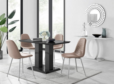 Furniturebox Imperia 4 Modern Black High Gloss Dining Table and 4 Cappuccino Corona Silver Leg Chairs