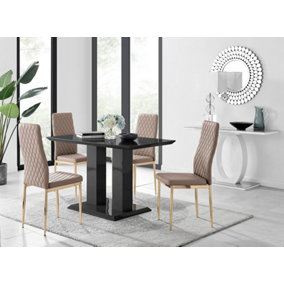 Furniturebox Imperia 4 Modern Black High Gloss Dining Table and 4 Cappuccino Gold Leg Milan Chairs