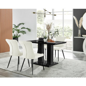 Furniturebox Imperia 4 Modern Black High Gloss Dining Table and 4 Cream Nora Black Leg Chairs