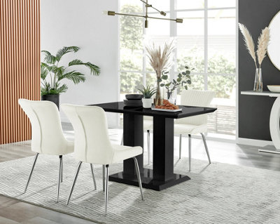 Furniturebox Imperia 4 Modern Black High Gloss Dining Table and 4 Cream Nora Silver Leg Chairs ...