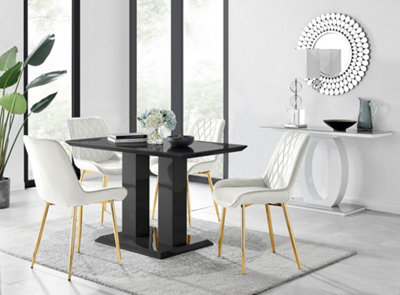 Furniturebox Imperia 4 Modern Black High Gloss Dining Table and 4 Cream Pesaro Gold Leg Chairs