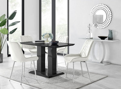 Furniturebox Imperia 4 Modern Black High Gloss Dining Table and 4 Cream Pesaro Silver Leg Chairs